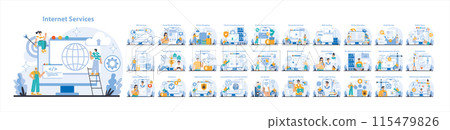 Internet Services set. Wide array of online solutions including SEO, social media, cloud computing, VPN, and more. Digital evolution for connected experiences. Flat vector illustration. Internet Services set. Wide array of online solutions including SEO, social media, cloud computing, VPN, and more. Digital evolution for connected experiences. Flat vector illustration. 115479826