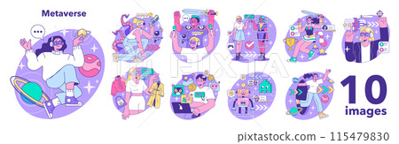 Metaverse set. VR futuristic technology. Digital environment or online virtual platform. Character in augmented reality and cyberspace. Flat vector illustration 115479830