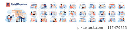 Digital marketing set. Marketing strategy development innovative techniques, tools and services. Web marketing technologies for brand online promotion. Flat vector illustration 115479833
