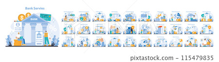 Bank Services set. From account opening to wealth management, a complete range of banking services detailed in visuals. Flat vector illustration. Bank Services set. From account opening to wealth management, a complete range of banking services detailed in visuals. Flat vector illustration. 115479835