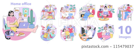 Home office set. Modern telecommuting environment. Professionals at desks, casual workspaces, digital nomads traveling. Pets, laptops, cozy interiors. Virtual meetings. Flat vector illustration. 115479837