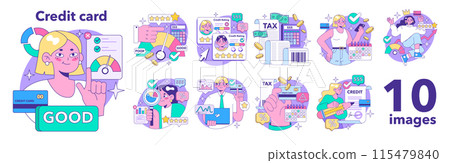 Credit card set. Bank-offered financing of purchases. Individual and business credit card. Credit arrangements and rating. Flat vector illustration 115479840