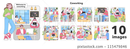 Coworking set. Modern shared workspace scenes. Freelancers networking, collaborating on projects, relaxed coffee breaks. Diverse group interaction. Digital nomad lifestyle. Flat vector illustration 115479846