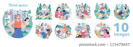 Third place idea set. Social surroundings, separate from home and workplace. Community life building, people interaction and communication zone. Flat vector illustration 115479847