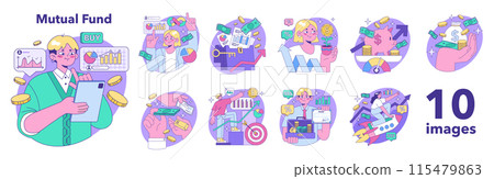 Mutual fund set. Investment fund, asset portfolio invested in stocks. Young character investing money with the prospect of profit. Modern investment vehicle. Flat vector illustration Mutual fund set. Investment fund, asset portfolio invested in stocks. Young character investing money with the prospect of profit. Modern investment vehicle. Flat vector illustration 115479863