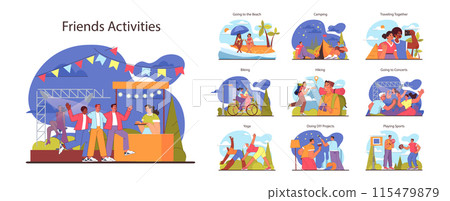 Friends activities set. Varied leisure scenes from beach outings to concerts. Outdoor enjoyment and creative hobbies. Diverse social interactions and shared experiences. Flat vector illustration. 115479879