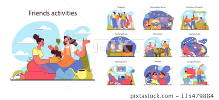 Friends activities set. From gardening and shopping to volunteering and gym workouts. Diverse indoor and outdoor bonding experiences. Shared moments of leisure and lifestyle. Flat vector illustration. Friends activities set. From gardening and shopping to volunteering and gym workouts. Diverse indoor and outdoor bonding experiences. Shared moments of leisure and lifestyle. Flat vector illustration. 115479884