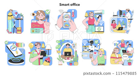 Smart office set. Employees interact with technology. Wireless charging, temperature control, workspace comfort. Collaborative environment, connectivity essentials. Flat vector illustration 115479885