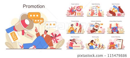 Promotion set. Exploring marketing strategies and advertising tools. Engaging target audience, leveraging digital marketing, personal selling, and unique value propositions. Flat vector illustration Promotion set. Exploring marketing strategies and advertising tools. Engaging target audience, leveraging digital marketing, personal selling, and unique value propositions. Flat vector illustration 115479886