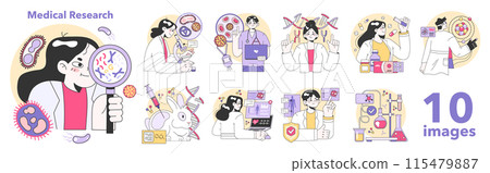 Medical research set. Biotechnology, medicine and pharmacology development. Innovative technologies, clinical trials and tests. Flat vector illustration Medical research set. Biotechnology, medicine and pharmacology development. Innovative technologies, clinical trials and tests. Flat vector illustration 115479887