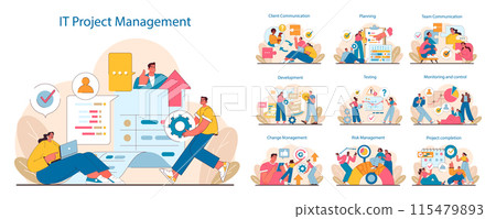 IT project management set. Stages from planning to execution displayed. Workflow efficiency, team collaboration, and client interaction in project phases. Flat vector illustration. 115479893