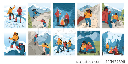 Mountaineering set. Mountain climbers with backpacks during nature adventure. People climbing rock wall, sitting near campfire and hiking in the hills. Flat vector illustration 115479896
