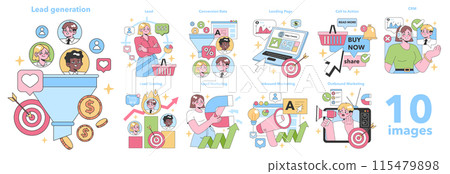 Lead generation set. Digital marketers optimize online strategies. Funnel conversion, landing pages, nurturing, and CRM tools. Interaction with clients. Flat vector illustration 115479898