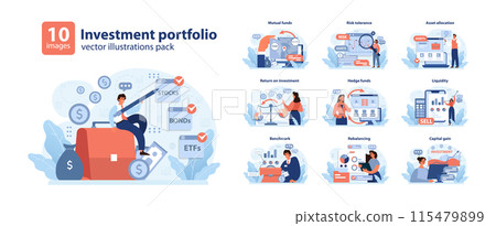 Investment portfolio set. Diverse financial themes showcased. Mutual funds, risk tolerance, asset allocation. Liquidity, hedge funds, return on investment. Capital gain, benchmark insights 115479899