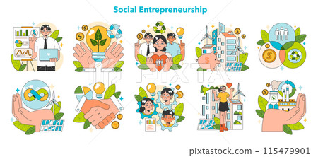 Social entrepreneurship set. Business' responsibility for impact on society and environment. Financing and implementing solutions for Sustainable development. Flat vector illustration 115479901