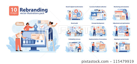 Rebranding Vector Illustrations Pack. A comprehensive visual toolkit for brand transformation, audit, and alignment to digital trends. Flat vector illustration. 115479919