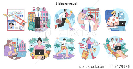 Bleisure travel set. Business and sightseeing trip. Workation, digital nomad working globally. Combined leisure with professional business tasks abroad. Flat vector illustration 115479926