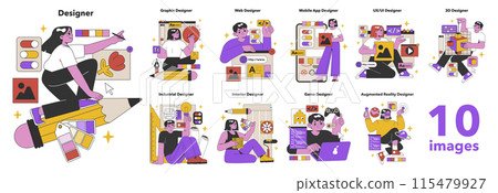 Diverse Design Professions set. Creatives in action, from graphic to augmented reality, showcasing the spectrum of modern design vocations. Flat vector illustration 115479927