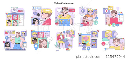 Video Conference set. Engaging online interactions with diverse characters. Recording sessions, live streams, multimedia tools. Playful virtual meetings, colorful chats. Flat vector illustration Video Conference set. Engaging online interactions with diverse characters. Recording sessions, live streams, multimedia tools. Playful virtual meetings, colorful chats. Flat vector illustration 115479944