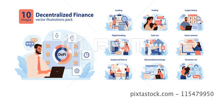DeFi, decentralized finance set. Smart distributed ledger technologies for lending, investing, or exchanging cryptoassets without traditional centralized intermediary. Flat vector illustration DeFi, decentralized finance set. Smart distributed ledger technologies for lending, investing, or exchanging cryptoassets without traditional centralized intermediary. Flat vector illustration 115479950