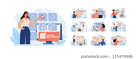 Hyperfocus set. Focus and concentration skill. Self-discipline and time management. Organization for performance efficiency. Flat vector illustration 115479986