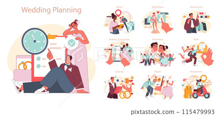 Wedding Planning set. Bride and groom navigating matrimonial preparations. Venue choice, bridal gown selection, RSVPs. Celebratory mood with cheerful friends. Flat vector illustration. 115479993