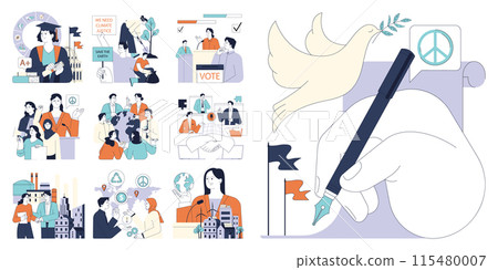 Political action set. Diverse people involved in global education, economic growth, environmental activism, democracy and diplomacy building. Sustainable development. Flat vector illustration. Political action set. Diverse people involved in global education, economic growth, environmental activism, democracy and diplomacy building. Sustainable development. Flat vector illustration. 115480007