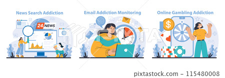 Internet addiction set. Illustrations capture the fixation on news updates, email checking, and online gambling, questioning the cost of constant connectivity. Flat vector illustration. 115480008
