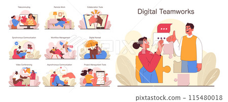 Digital Teamworks concept. Diverse virtual collaboration and management depicted across telecommuting, remote work, and digital tools. Cohesive teamwork in the digital era. Flat vector illustration Digital Teamworks concept. Diverse virtual collaboration and management depicted across telecommuting, remote work, and digital tools. Cohesive teamwork in the digital era. Flat vector illustration 115480018