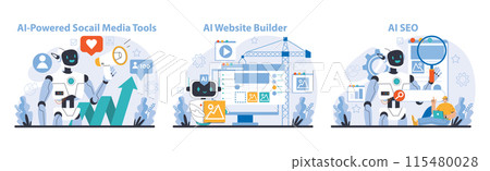 AI Tools set. Optimizes social media engagement, streamlines website creation, and enhances SEO strategies. Essential digital solutions depicted. Flat vector illustration. 115480028