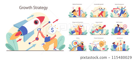 Growth Strategy set. Entrepreneurs drive success via rockets, market dives, and strategic tools. Market Penetration, Sustainable growth, Mergers. Organic progress, SWOT insights, Joint ventures. 115480029