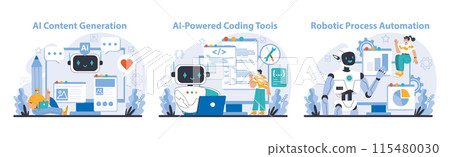 AI Tools set. Empowers content creation, facilitates coding tasks, and automates business processes. Tailored for efficiency and user engagement. Flat vector illustration. 115480030
