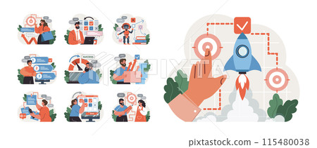Progress set. Work optimization and efficiency. Character moving towards the goal, target and success. Projects or work tasks. Time optimization and progress checking. Flat vector illustration 115480038