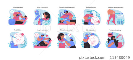 Aesthetic treatment set. Advanced skin rejuvenation and beautification methods. Featuring peels, fillers, and laser therapy. Flat vector illustration. 115480049