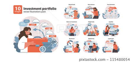 Investment portfolio set. Diverse strategies in finance and asset management. Stocks, gold, real estate choices. Return on investment, hedge funds dynamics. Flat vector illustration. 115480054