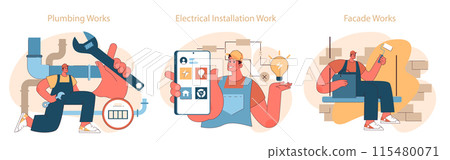 Construction work set. Workers engaged in plumbing, electrical, and facade projects, illustrating the diverse skills of tradespeople. Flat vector illustration 115480071