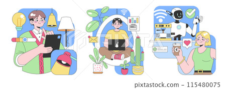 Modern Lifestyle set. People using gadgets in daily routine, interacting with robots. Smart home technologies, online communication, artificial intelligence assistance. Flat vector illustration 115480075