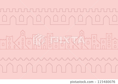 Outline oriental moroccan seamless border. Vector arabic arches, city landscape, windows. 115480076