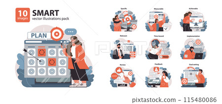SMART objectives set. Professionals tackle goals with clear criteria. Specific, measurable, achievable steps. Time-bound tasks, constructive feedback. Flat vector illustration. 115480086