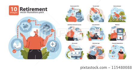 Retirement set. Navigating financial security in later years. Pension plans, individual accounts, and healthcare. Pursuit of a carefree, stable future. Flat vector illustration. Retirement set. Navigating financial security in later years. Pension plans, individual accounts, and healthcare. Pursuit of a carefree, stable future. Flat vector illustration. 115480088