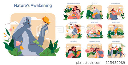 Nature's Awakening set. Celebrating the vibrant essence of spring with themes like International Women's Day, gardening, Easter, fashion, festivals, activities, cityscapes, and spring cleaning. Nature's Awakening set. Celebrating the vibrant essence of spring with themes like International Women's Day, gardening, Easter, fashion, festivals, activities, cityscapes, and spring cleaning. 115480089
