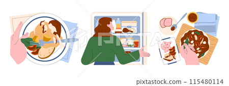 Leftovers set. Sustainable cooking, repurpose nextovers to reduce food waste. Correct meal storage, freezing and canning. Meal plan development and conscious consumption. Flat vector illustration 115480114