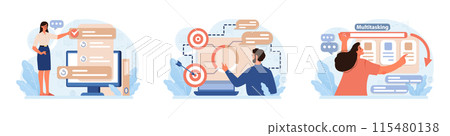 Hyperfocus set. Focus and concentration skill. Self-discipline and time management. Organization for performance efficiency. Flat vector illustration Hyperfocus set. Focus and concentration skill. Self-discipline and time management. Organization for performance efficiency. Flat vector illustration 115480138