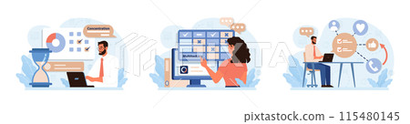 Hyperfocus set. Focus and concentration skill. Self-discipline and time management. Organization for performance efficiency. Flat vector illustration Hyperfocus set. Focus and concentration skill. Self-discipline and time management. Organization for performance efficiency. Flat vector illustration 115480145