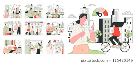 Air quality awareness set. Air quality index and pollution monitoring. Air purifiers devices and mechanisms in urban environments for healthier living. Flat vector illustration 115480149