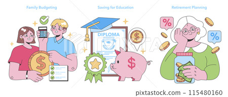 Life's Precious Moments trio. Managing finances for family, education, and retirement. Strategy for savings, tuition, and senior living. Flat vector illustration 115480160