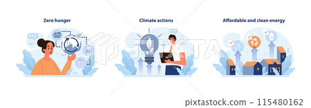 SDG or sustainable development goals set. Global target for better future. Environment protection, social progress and innovative technologies. ESG and CSR. Flat vector illustration 115480162