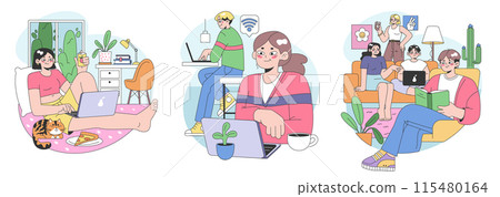 Co-living set. Friends or roommates living together. Characters hang out in dormitory or student apartment. Joint living and recreation in friends company. Flat vector illustration. 115480164