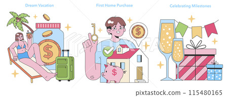 Life's Precious Moments trio. Saving for getaways, investing in homes, and marking achievements. Financial goals for vacations, property, and celebrations. Flat vector illustration 115480165