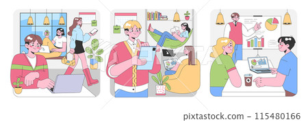 Workspace set. Relaxed professionals in a modern open office. Collaborating, discussing graphs, lounging, enjoying coffee breaks. Connectivity and teamwork. Flat vector illustration. Workspace set. Relaxed professionals in a modern open office. Collaborating, discussing graphs, lounging, enjoying coffee breaks. Connectivity and teamwork. Flat vector illustration. 115480166